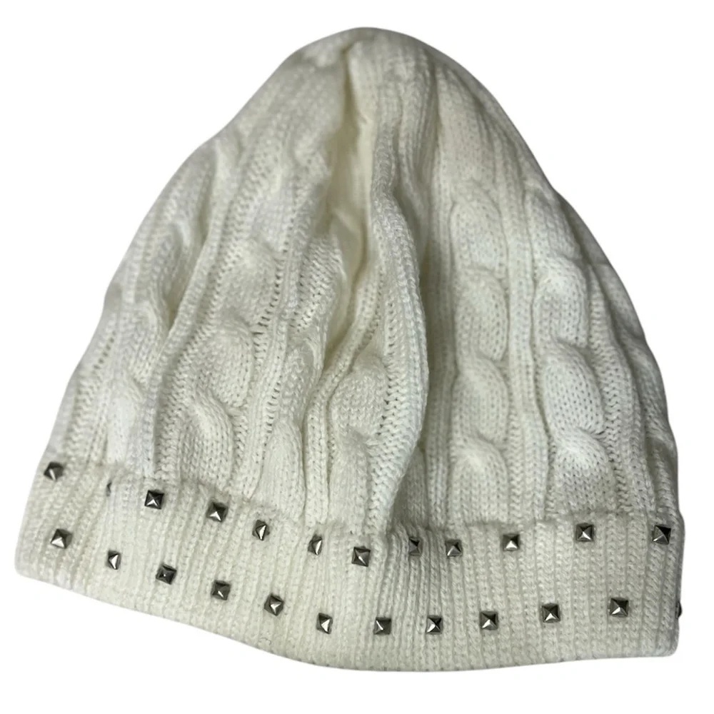 White Cable Knit Beanie Silver Studs Y2K Winter Hat One Size